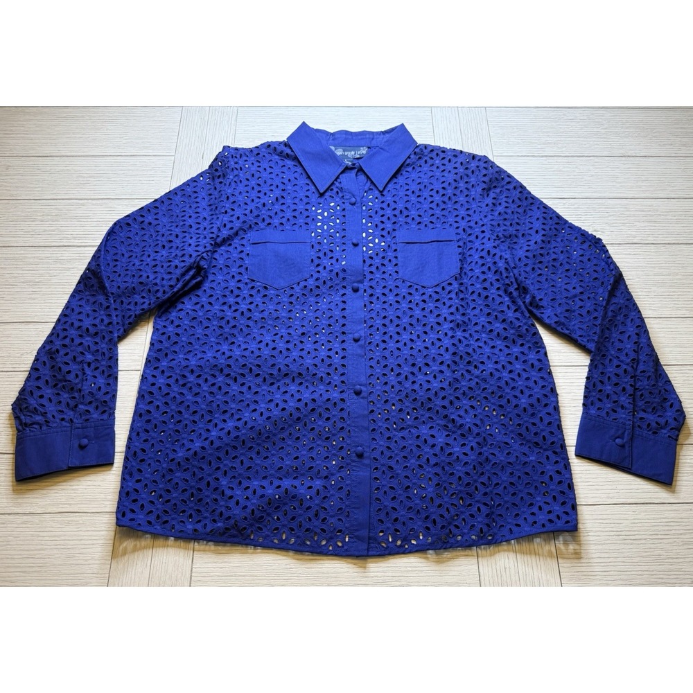 Susan Graver NWT Royal Blue Shirt Button Front Collar Long Sleeve Pockets Sz L